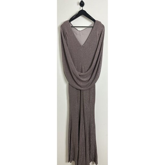 BETSY ADAM Jenna Long Metallic Draped Cowl Back Gown in Taupe/Silver Size US 10 - Picture 7 of 13